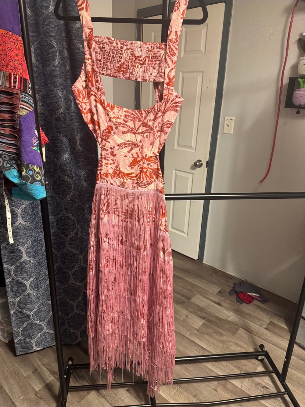 Anthropologie Pink and Red Fringe Cutout Midi Dress - Picture 3 of 4